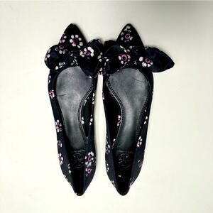 Tory Burch Rosalind Black Floral Print Satin Ballet Flats size‎ 5 slip on work